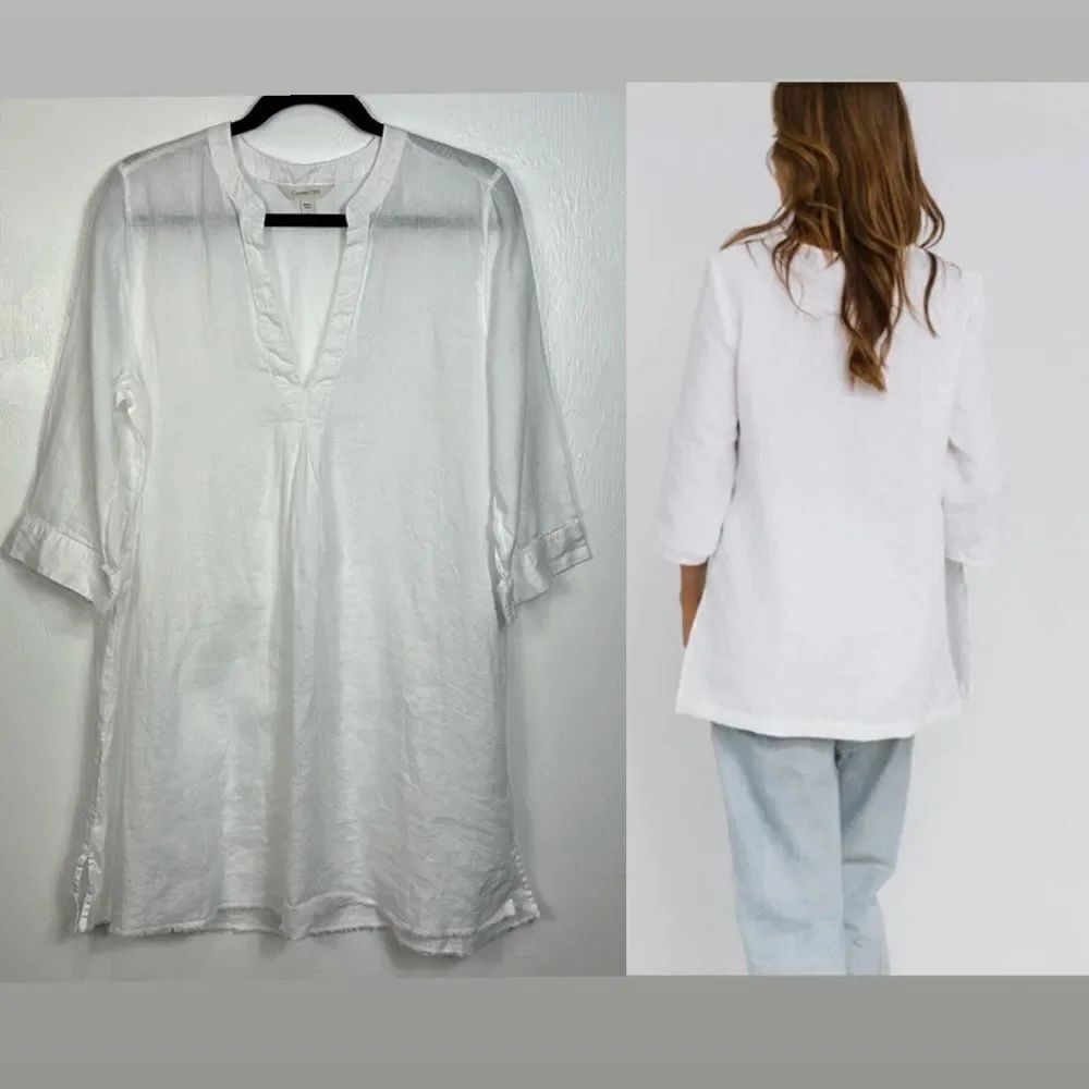 Garnet Hill Linen White 3/4 Sleeve V-neck Raw Hem Tunic Top Size L